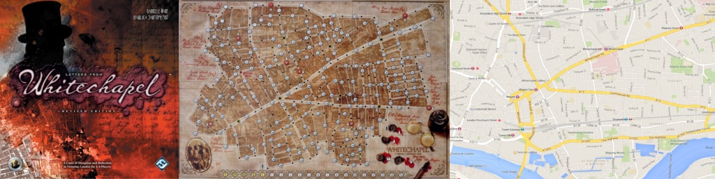 Portada de Letters from Whitechapel, tablero y mapa del barrio de Whitechapel